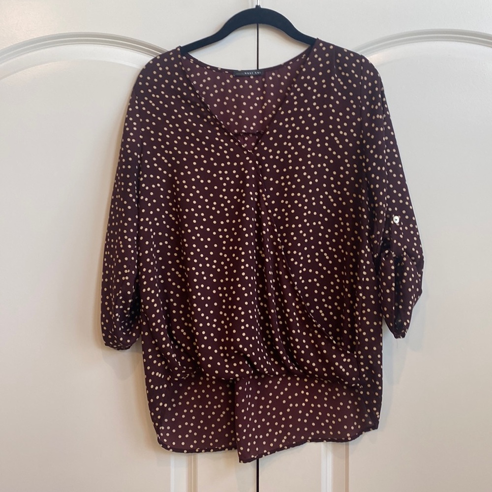 West Kei Burgundy Polka Dots High Low 3/4 Sleeve Blouse Boho, Academia